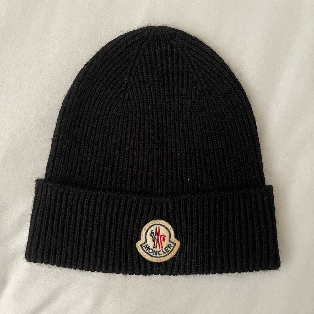 Moncler Black Knit Hat with Logo